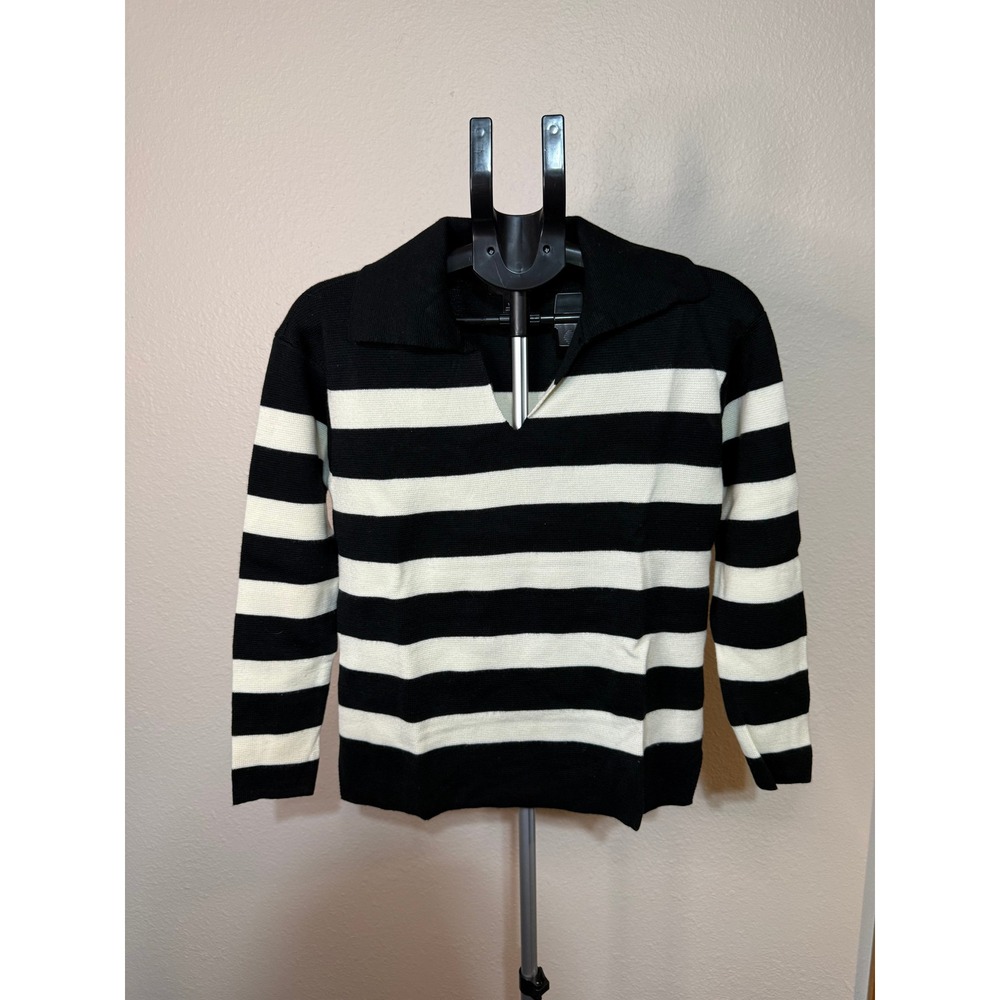 Talbots Petite Striped Wool Blend Polo Sweater Black Ivory SP Long Sleeve V-Neck